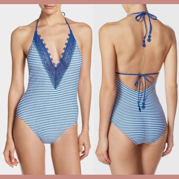 NWT Seafolly Riviera Lace Halter One-Piece Swimsuit‎ Blue [SZ 4 US / 8AU] - Picture 1 of 8